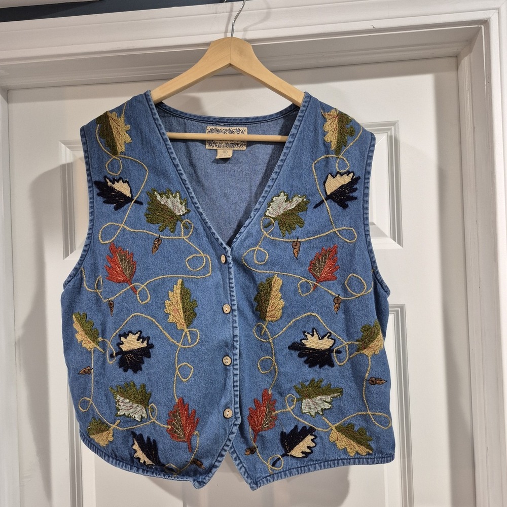 Vintage Tantrum Blues Denim Vest Womens 2X Fall Autumn Thanksgiving Leaves 90s